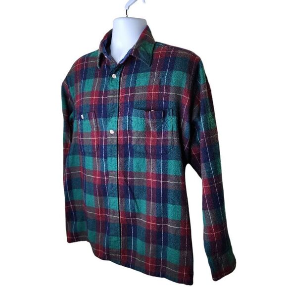Vintage 80s Wool Plaid Button Up Shirt Mens Size XL Green Shacket - Picture 4 of 8